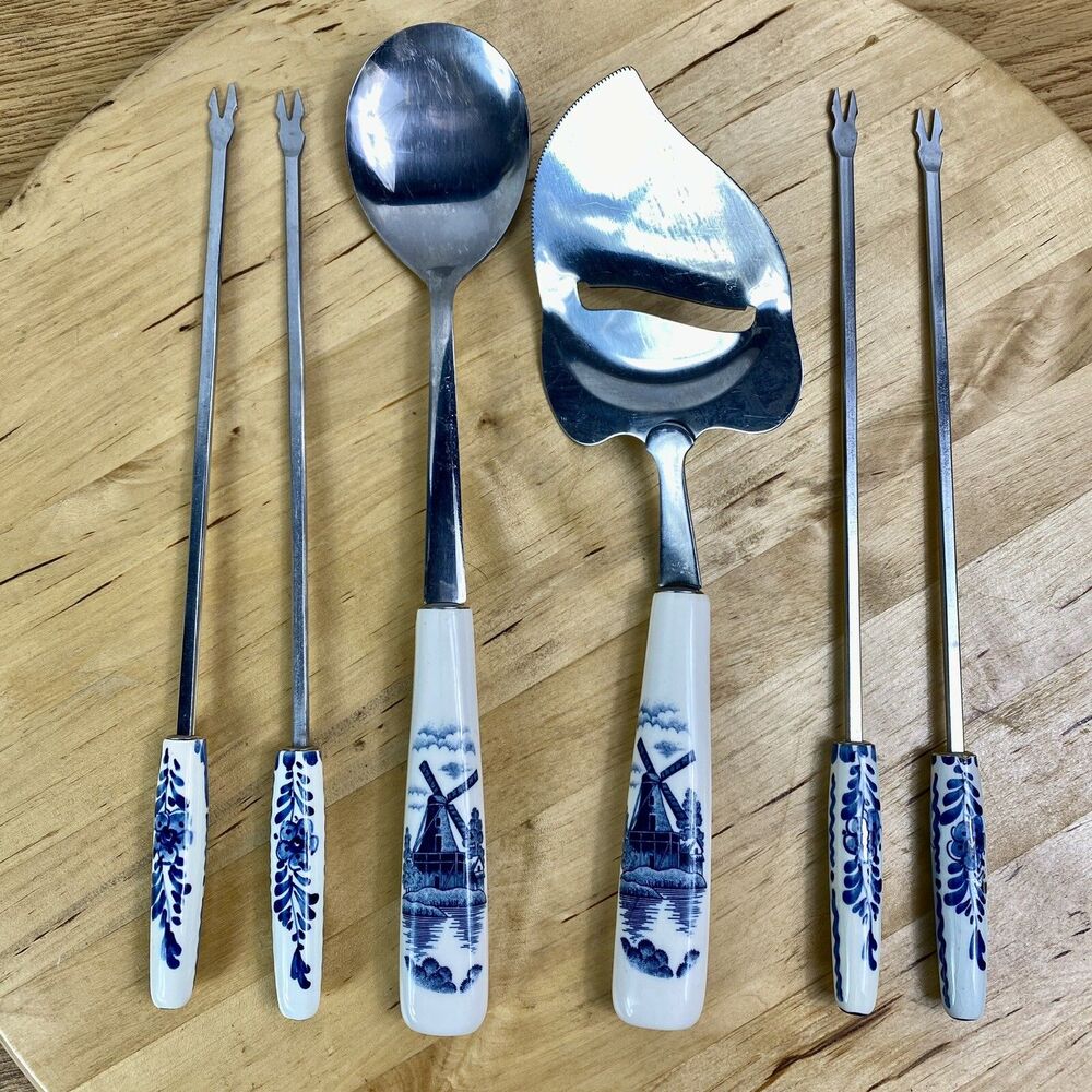 Vintage Delft Elesva Holland 6pc Utensil Set Blue Windmill Ceramic Handle Cheese